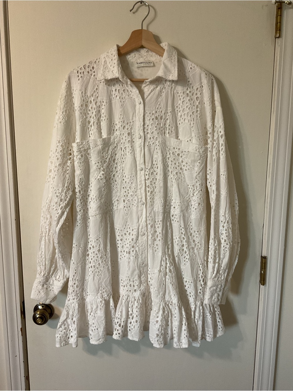 SABOLUXE Boho 100% Cotton Eyelet Embroidered Euro Summer Long Sleeved Mini Dress